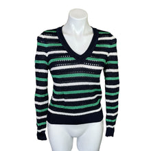 Load image into Gallery viewer, White House Black Market | Women&#39;s Navy Blue, White and Green Stripe Knit V Neck Pullover Sweater | Size: XS
