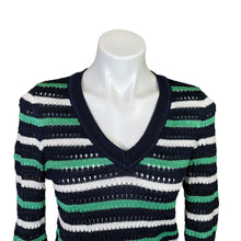 Load image into Gallery viewer, White House Black Market | Women&#39;s Navy Blue, White and Green Stripe Knit V Neck Pullover Sweater | Size: XS
