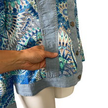 Load image into Gallery viewer, Chico&#39;s | Women&#39;s Beachview Blue Pieced Chambray Pattern Jacket with Tags | Size: M
