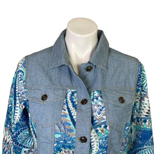 Load image into Gallery viewer, Chico&#39;s | Women&#39;s Beachview Blue Pieced Chambray Pattern Jacket with Tags | Size: M
