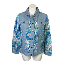 Load image into Gallery viewer, Chico&#39;s | Women&#39;s Beachview Blue Pieced Chambray Pattern Jacket with Tags | Size: M
