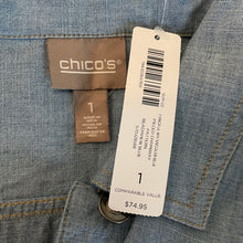 Load image into Gallery viewer, Chico&#39;s | Women&#39;s Beachview Blue Pieced Chambray Pattern Jacket with Tags | Size: M
