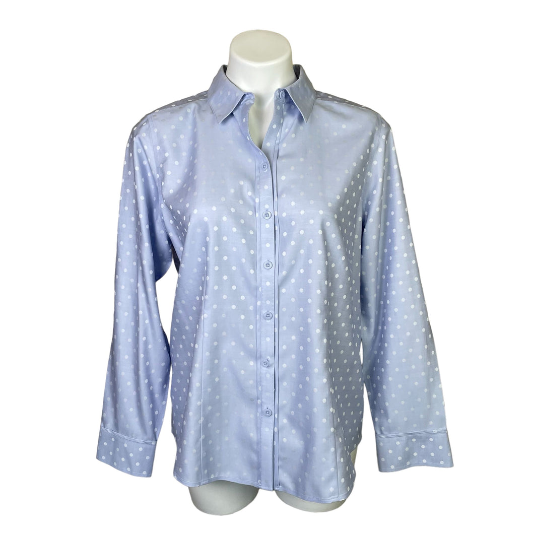 Chico's | Women's Light Blue and White Polkadot No-Iron Button Down Long Sleeve Shirt with Tags | Size: M