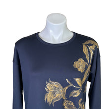 Load image into Gallery viewer, Chico&#39;s | Women&#39;s Navy Blue Gold Foiled Flower Knit Pullover Sweatshirt with Tags | Size: M
