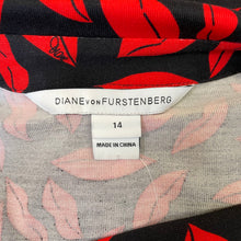 Load image into Gallery viewer, Diane Von Furstenberg | Women&#39;s Black and Red Lip Print Silk Wrap Dress | Size: 14
