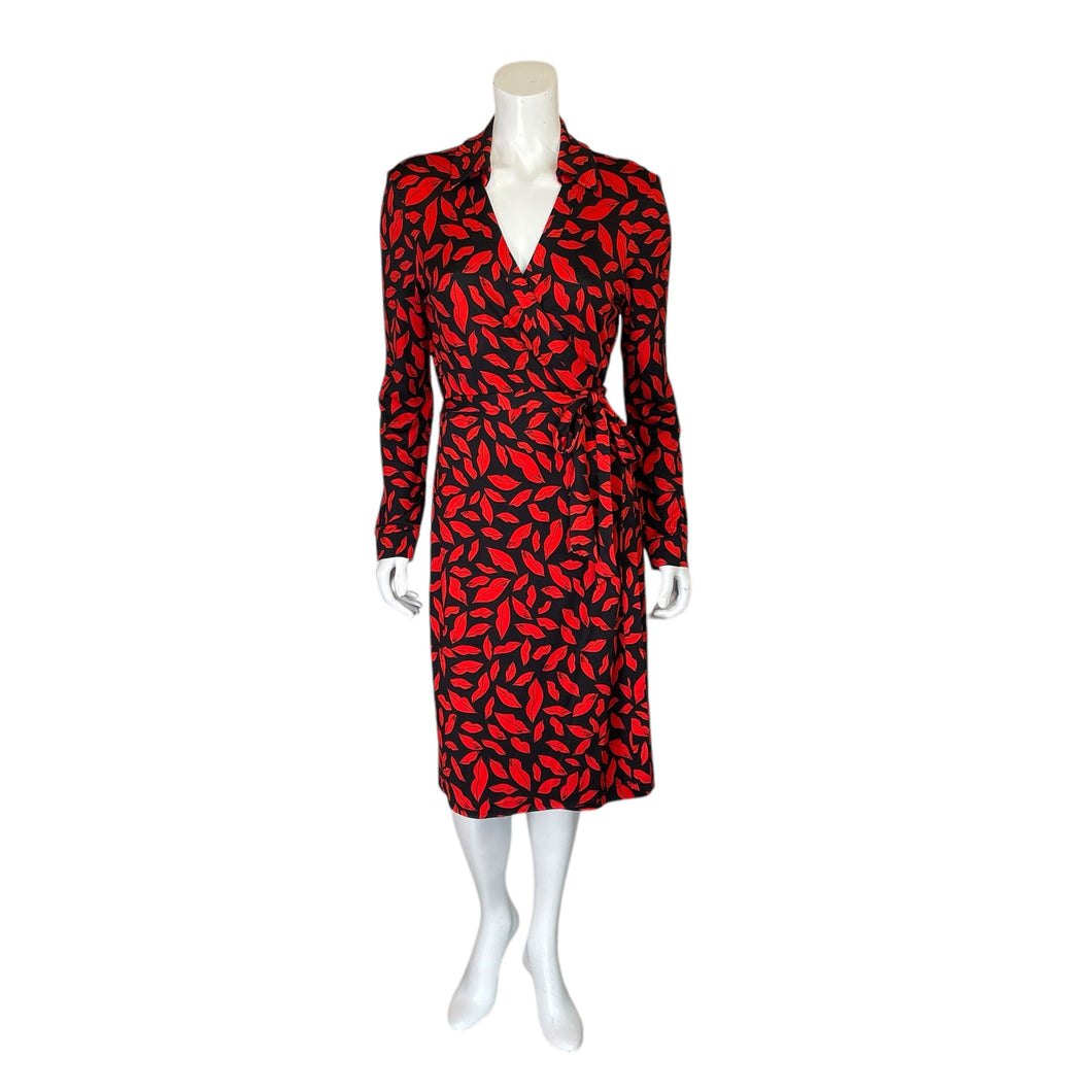 Diane Von Furstenberg | Women's Black and Red Lip Print Silk Wrap Dress | Size: 14