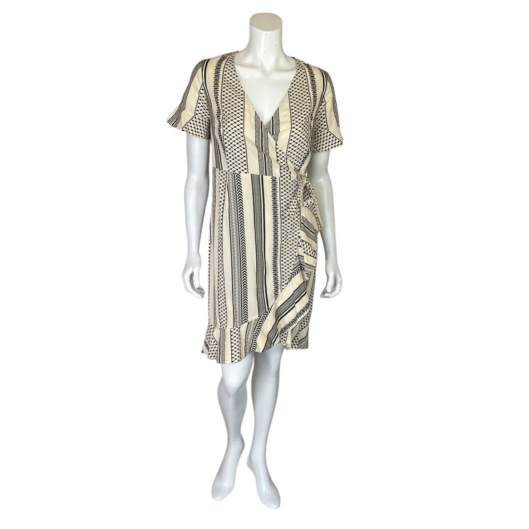 Vera Moda | Women's Cream and Black Tribal Print Short Sleeve Wrap Dress | Size: XS