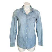 Load image into Gallery viewer, J. Crew | Women&#39;s Light Blue Heart Pocket Chambray Button Long Sleeve Shirt | Size: 2
