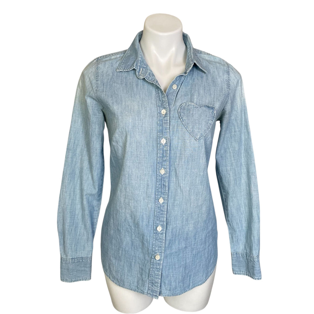 J. Crew | Women's Light Blue Heart Pocket Chambray Button Long Sleeve Shirt | Size: 2