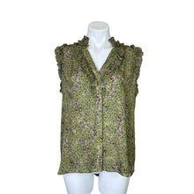 Load image into Gallery viewer, Go Silk | Women&#39;s Green Floral Print Button Down Sleeveless Blouse | Size: L
