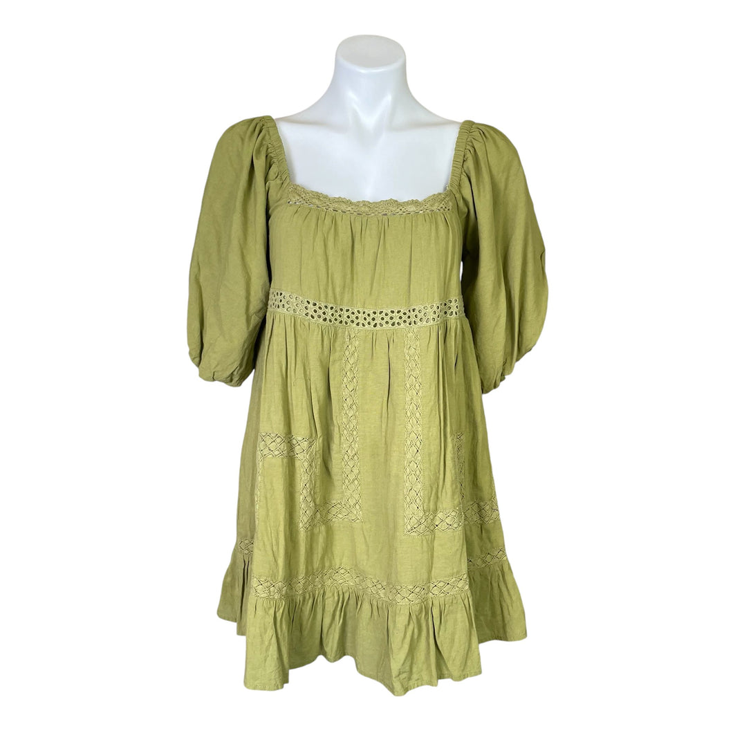 La Lavon | Women's Light Green Puff Sleeve Cotton Blend Tunic Blouse | Size: M