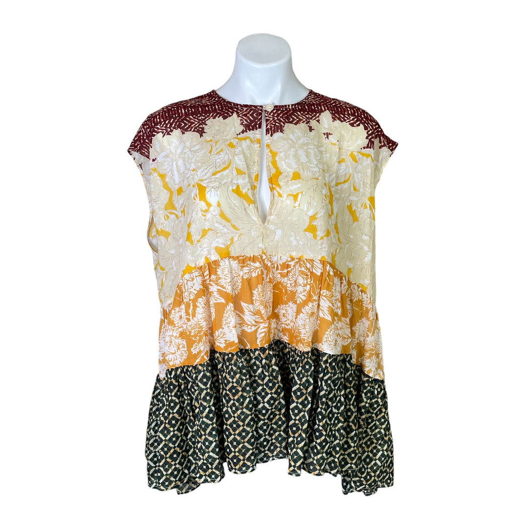 Free People | Women's Black/Yellow/Red Sleeveless Tiered Deep Keyhole Multi Pattern Cotton Top | Size: S