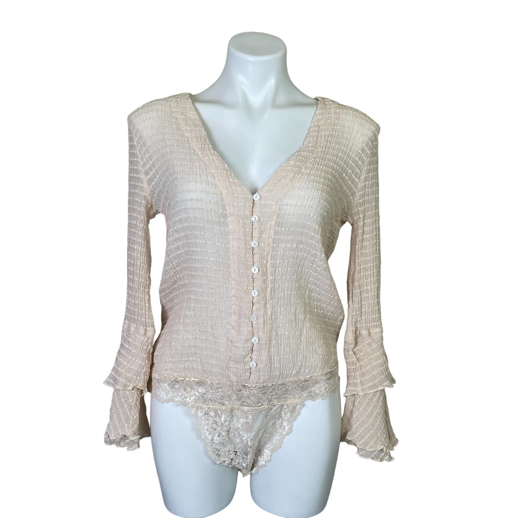 Miou Muse | Women's Cream Lace Long Sleeve Bodysuit | Size: L