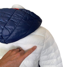 Load image into Gallery viewer, Tommy Hilfiger | Women&#39;s White and Blue Vegan Puffy Jacket with Hood | Size: S
