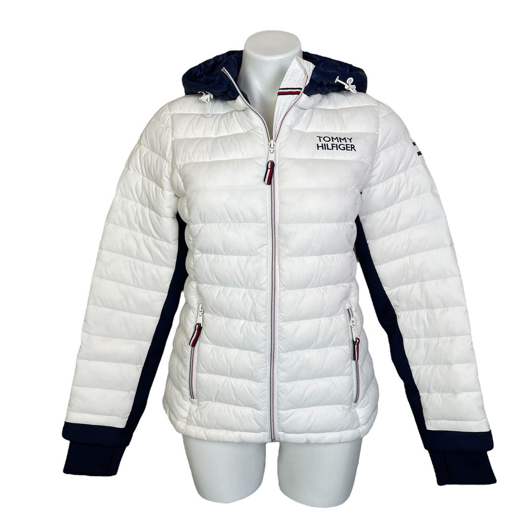 Tommy Hilfiger | Women's White and Blue Vegan Puffy Jacket with Hood | Size: S