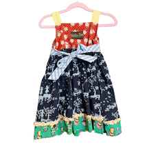 Load image into Gallery viewer, Matilda Jane | Girls Green/Blue Shoe and Landscape Pattern Knot Dress | Size: 4Y
