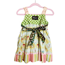 Load image into Gallery viewer, Matilda Jane | Girls Green/Yellow/Pink Clock/Watch/Cage Patterned Knot Dress | Size: 2Y
