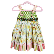 Load image into Gallery viewer, Matilda Jane | Girls Green/Yellow/Pink Clock/Watch/Cage Patterned Knot Dress | Size: 2Y
