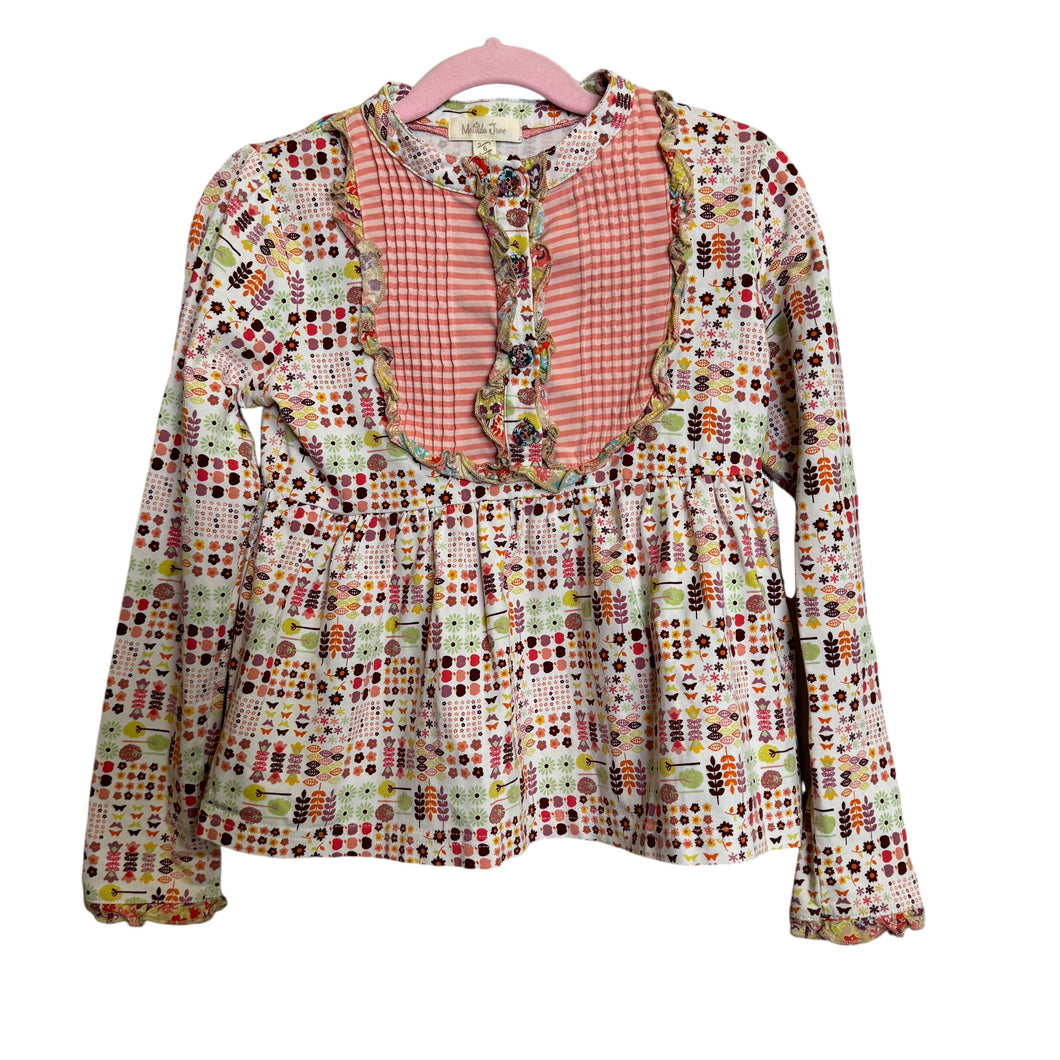 Matilda Jane | Girls White/Pink Harvest Patterned Long Sleeved Henley Ruffle Top | Size: 6Y