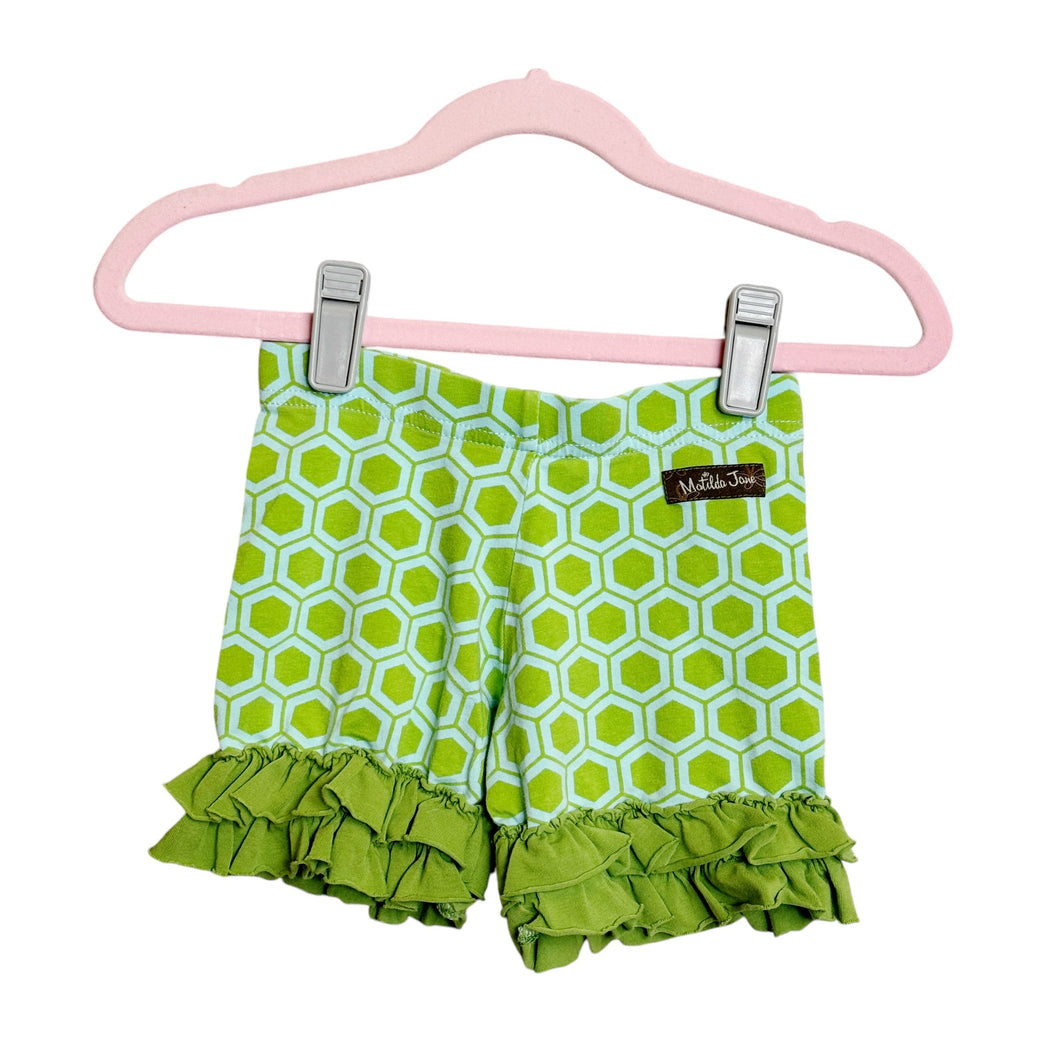 Matilda Jane | Girls Blue/Green Hexagon Patterned Ruffle Shorts | Size: 4Y