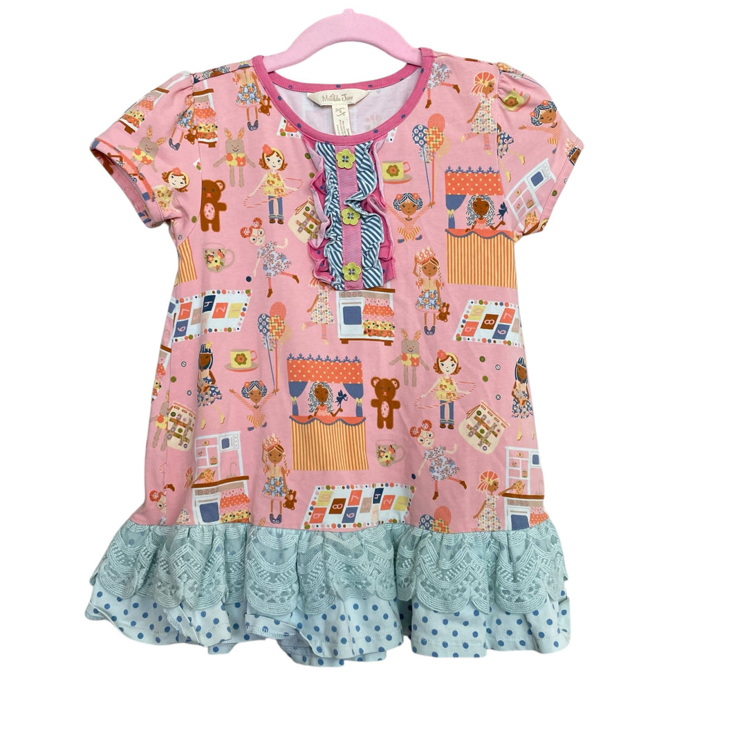 Matilda Jane | Girls Pink/Blue Ruffle Bottom Play Time Patterned Tunic Top | Size: 6Y