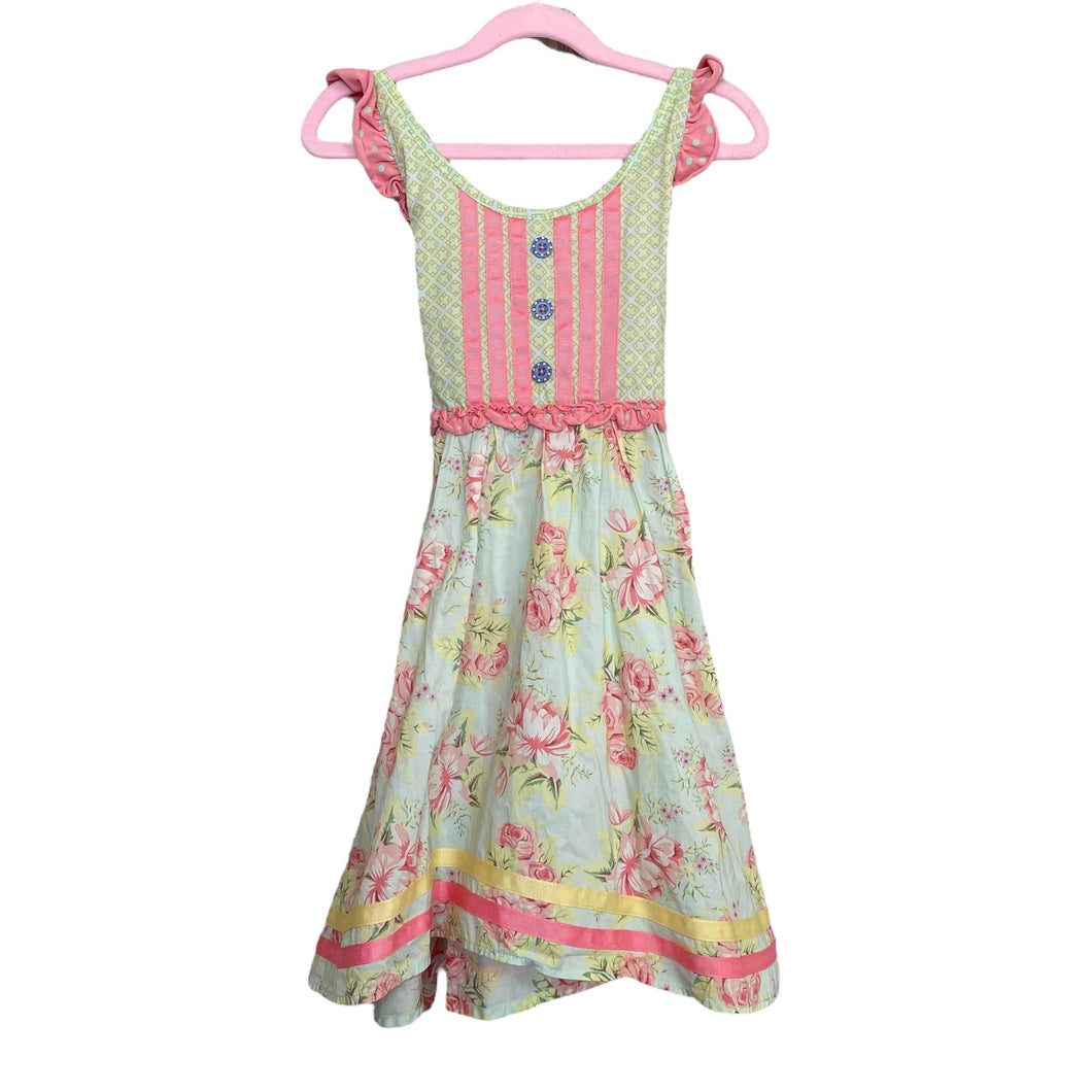 Matilda Jane | Girls Pink/Green Floral Print Cross Back Dress | Size: 6Y