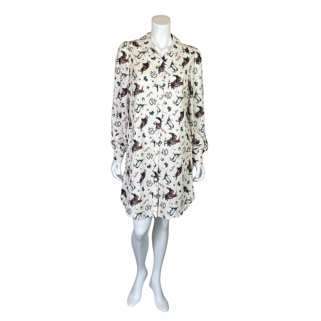 Nylon Apparel | Women's White Graphic Print Rodeo Button Down Shirt Dress | Size: S