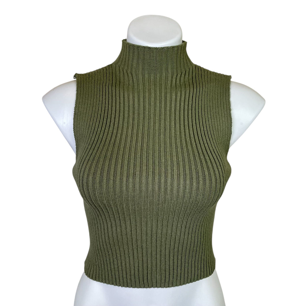 Zara | Women's Olive Green Ribbed Mockneck Crop Top with Tag | Size: S