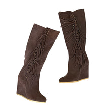 Load image into Gallery viewer, Coach | Women&#39;s Brown Leather Fringe Dollie Wedge Boot | Size: 8
