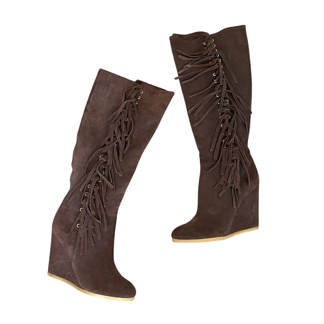 Coach | Women's Brown Leather Fringe Dollie Wedge Boot | Size: 8