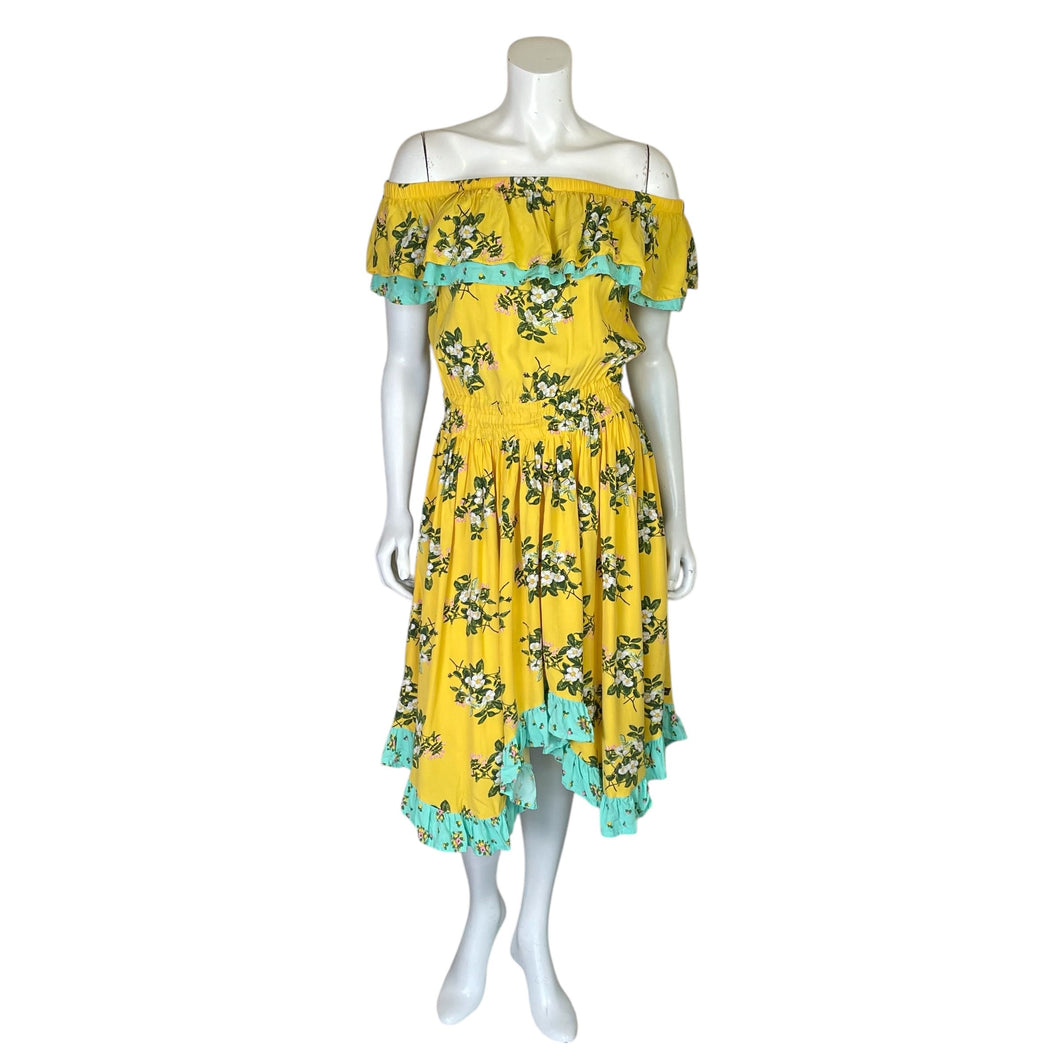 Matilda Jane | Women's Yellow and Light Green Floral Print Off Shoulder Handkerchief Cut Midi Dress | Size:S