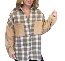 Load image into Gallery viewer, Peach Love | Women&#39;s Tan, Blue and Cream Plaid Button Front Shacket | Size: M
