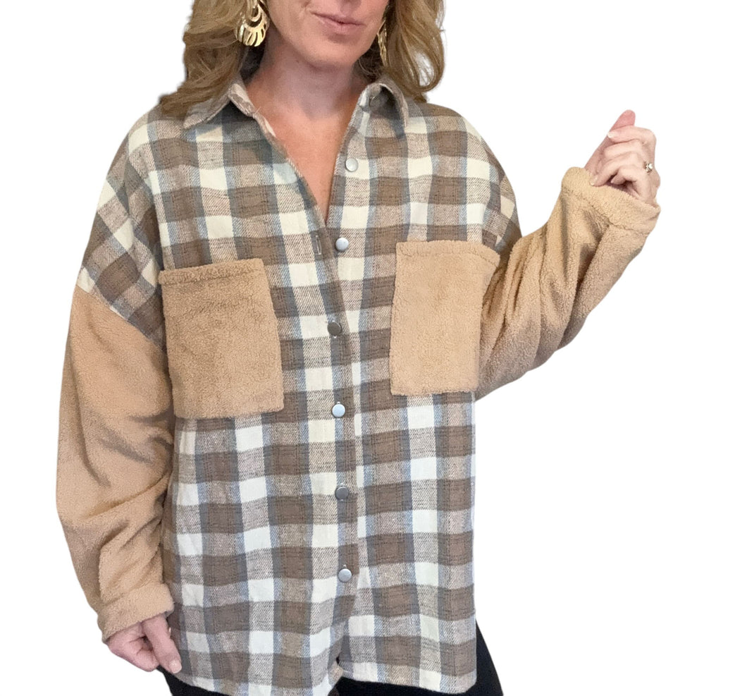 Peach Love | Women's Tan, Blue and Cream Plaid Button Front Shacket | Size: M