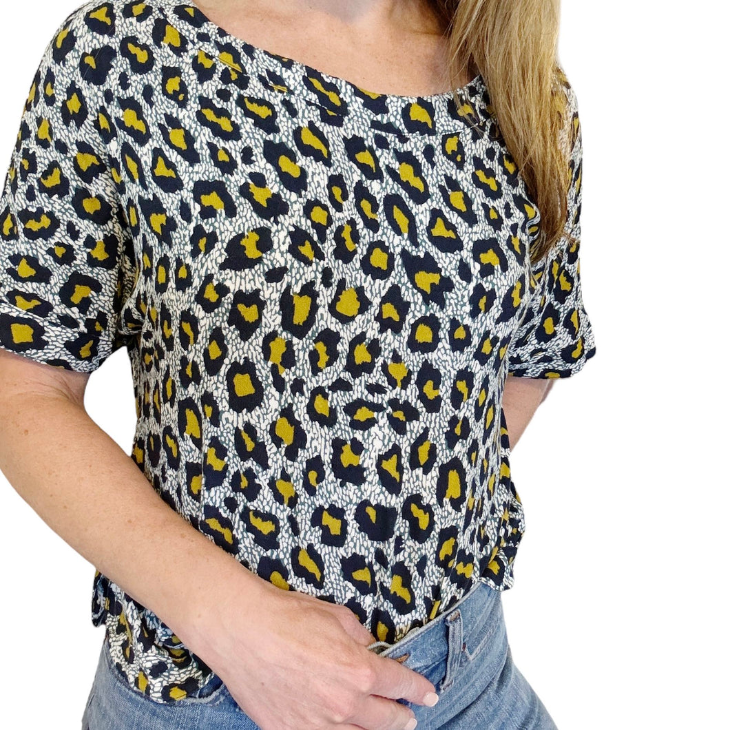 H&M | Women's Blue and Yellow Leopard Print Short Sleeve Top | Size: 6