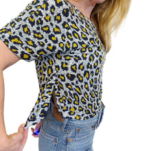 Load image into Gallery viewer, H&amp;M | Women&#39;s Blue and Yellow Leopard Print Short Sleeve Top | Size: 6
