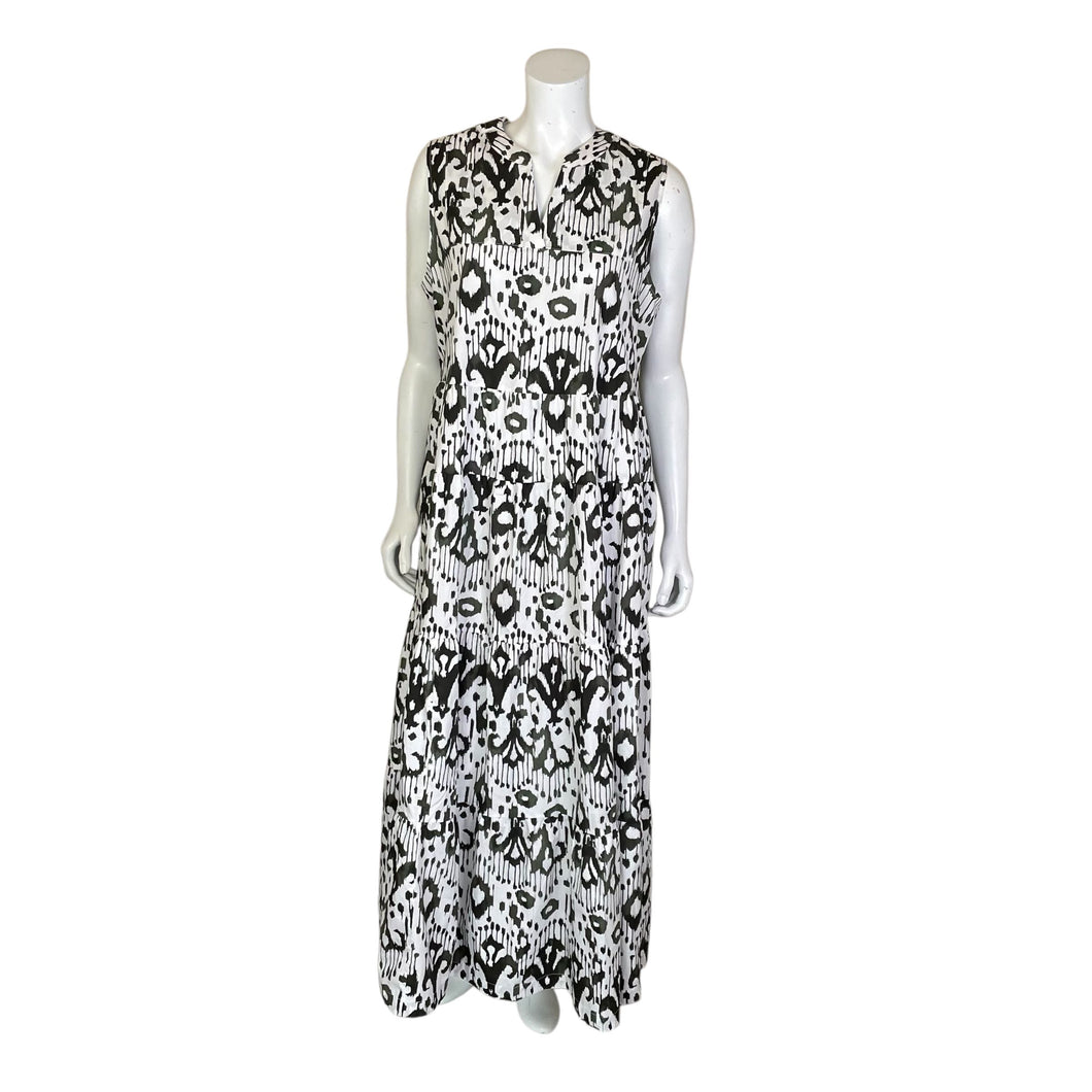 Chico's | Women's Green and White Tribal Pattern Sleeveless Tiered Maxi Dress | Size: 12