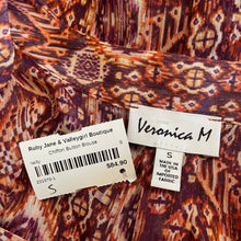 Load image into Gallery viewer, Veronica M | Women&#39;s Pink and Orange Tribal Print Sheer Chiffon Blouse | Size: S
