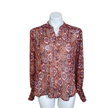 Load image into Gallery viewer, Veronica M | Women&#39;s Pink and Orange Tribal Print Sheer Chiffon Blouse | Size: S
