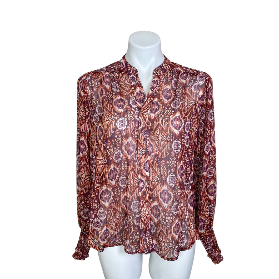 Veronica M | Women's Pink and Orange Tribal Print Sheer Chiffon Blouse | Size: S