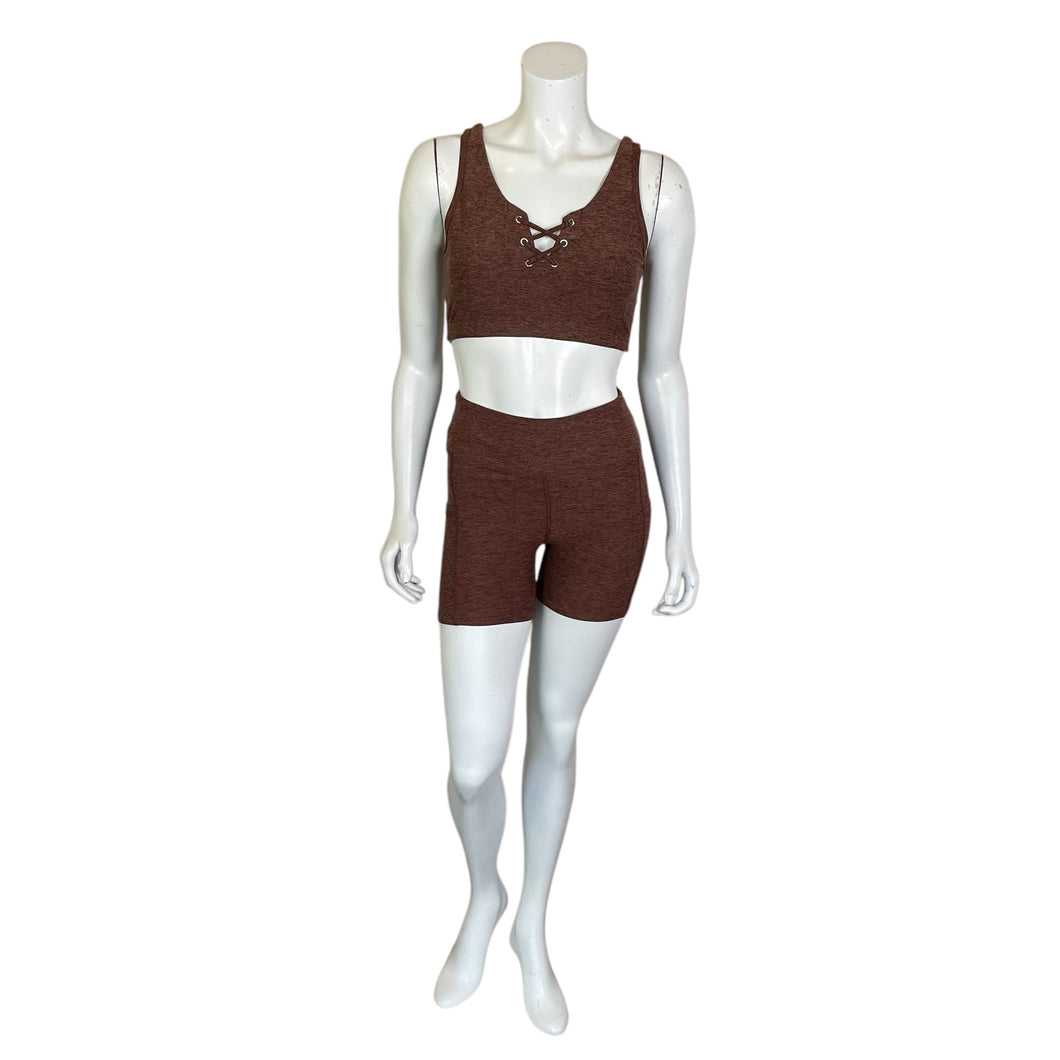 Year of Ours | Women's Brown Football Bra and Bike Short 2 Piece Set | Size: M