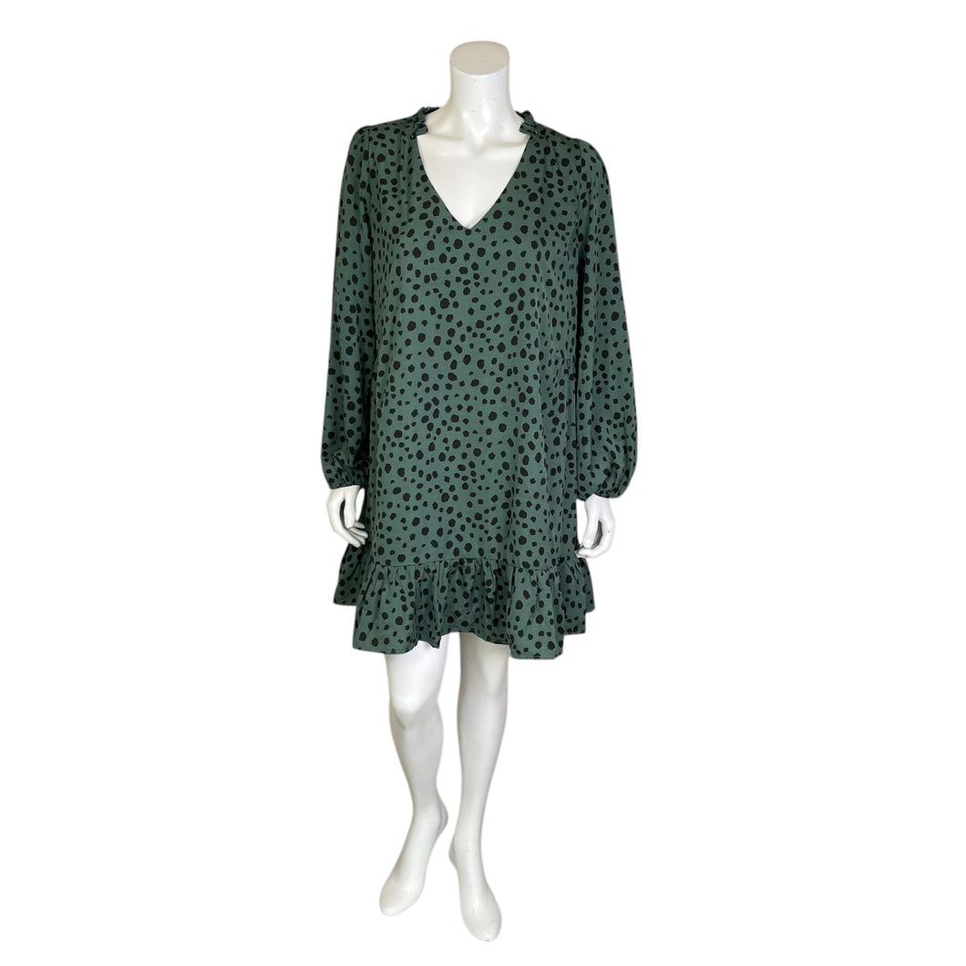 Arula | Women's Green and Black Polka Dot Tiered Long Sleeve Dress | Size: XL