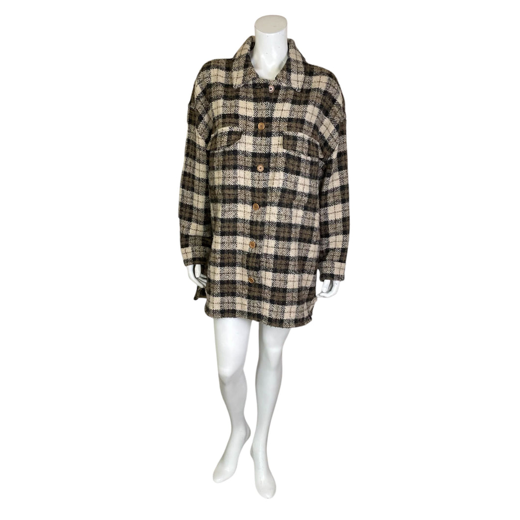 Banana Republic | Women's Cream, Black and Brown Plaid Button Down Shacket | Size: XL