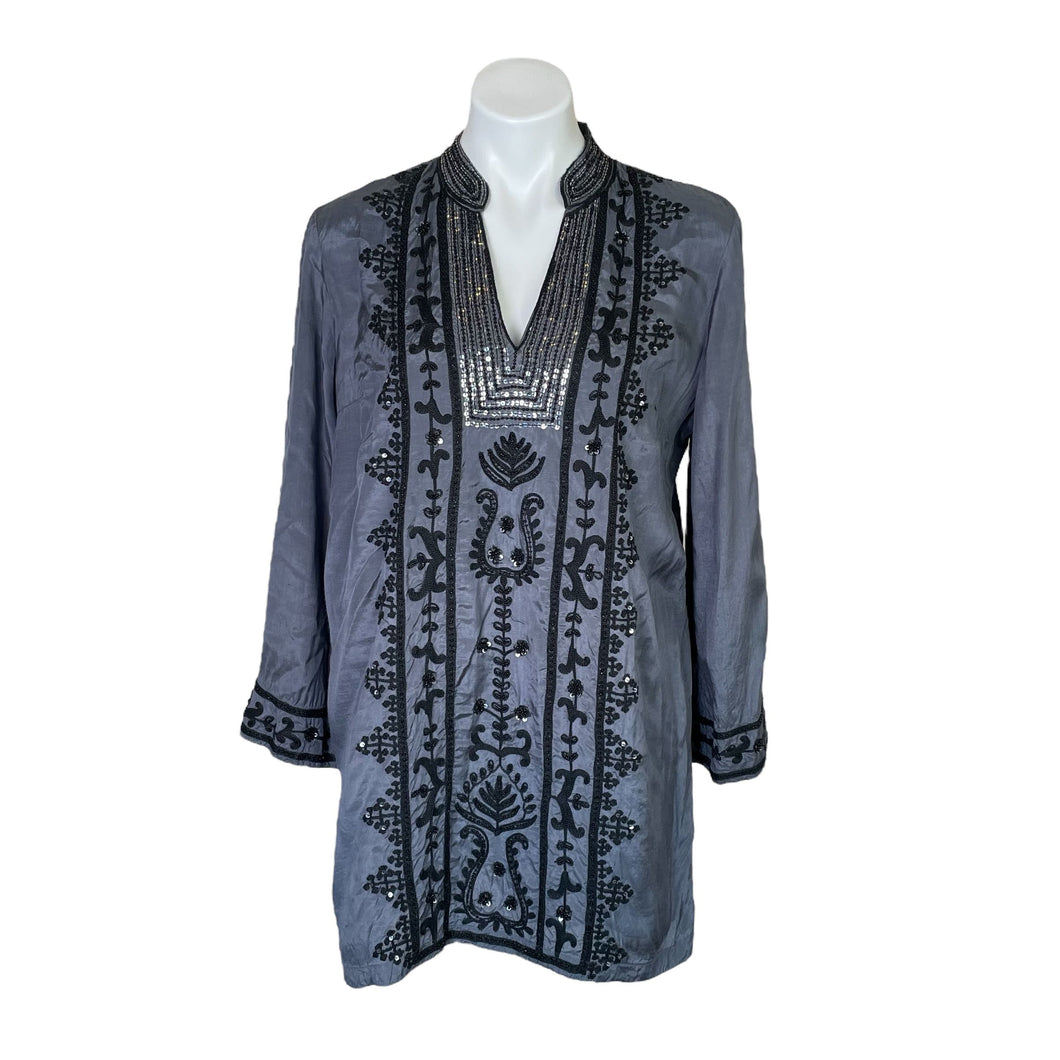 Soft Surroundings | Women's Blue and Black Embroidered Sequin Boho Tunic Top | Size: L