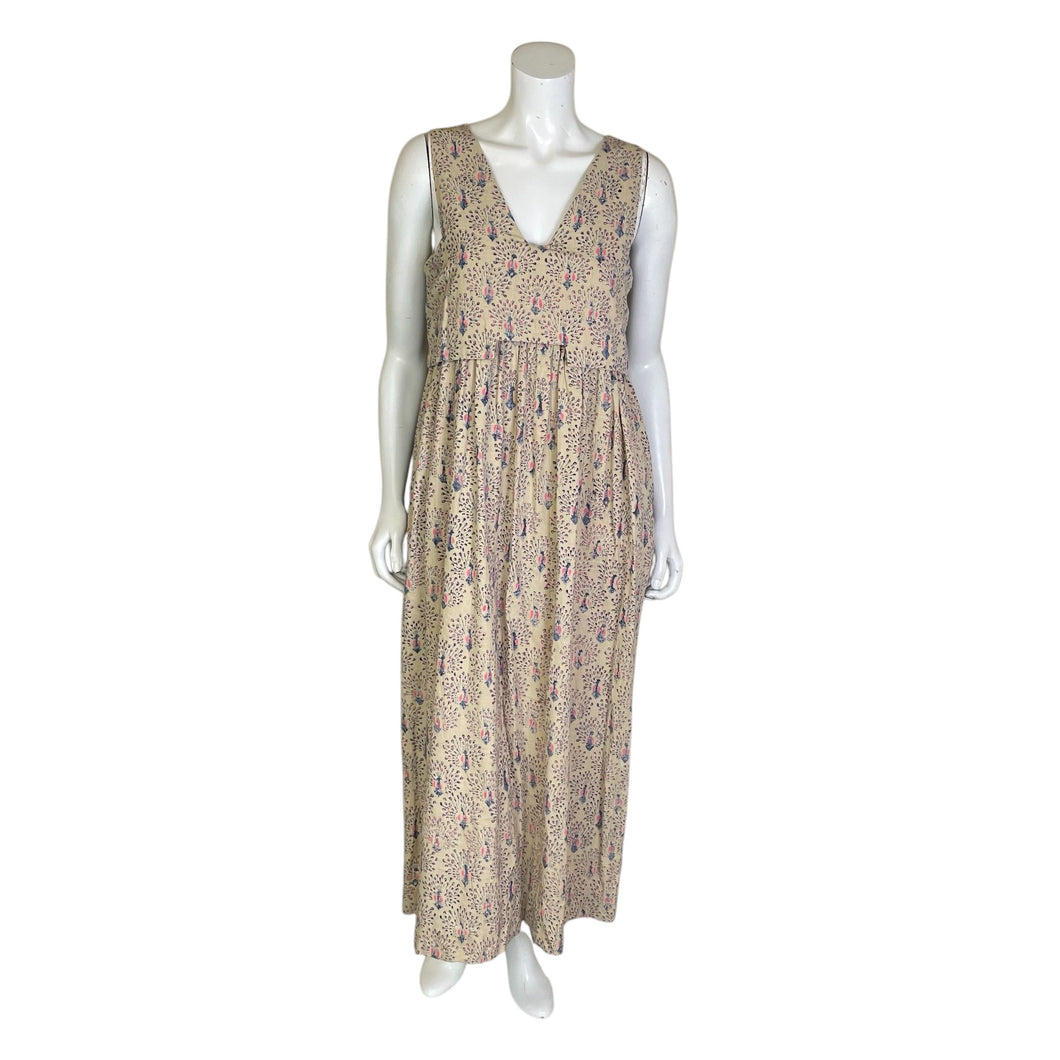 Mirth | Women's Beige and Peacock Print Cotton Sleeveless Maxi Dress | Size: M