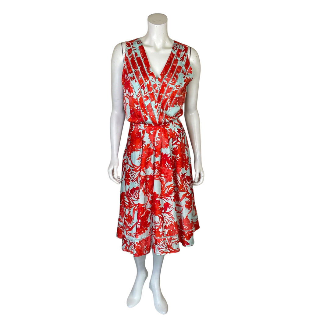 Banana Republic | Women's Blue and Red Tropical Print Flare Dress | Size: 12 Tall