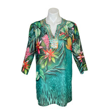Load image into Gallery viewer, Chico&#39;s | Women&#39;s Green Tropical Print Sheer Tunic Top with Tags | Size: M
