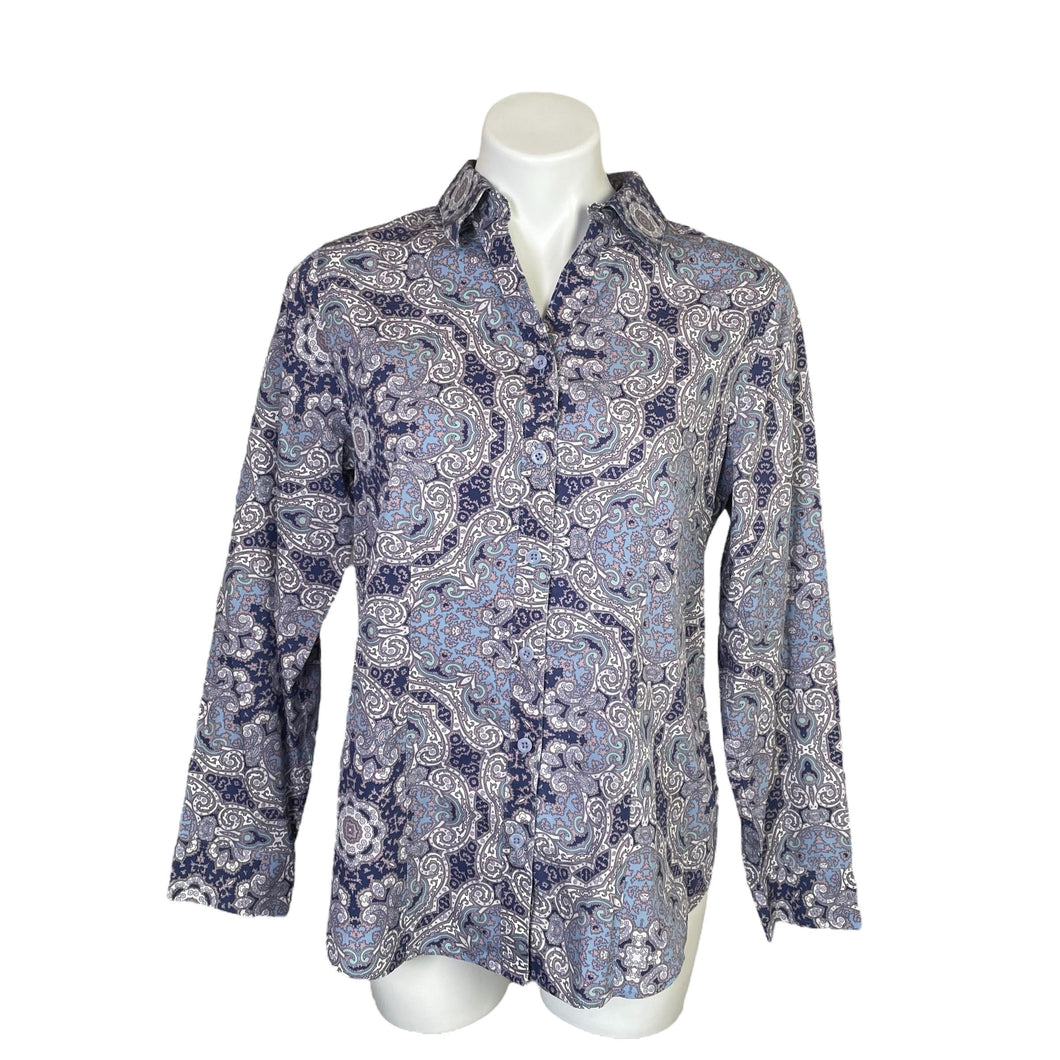 Chico's | Women's Blue and Purple Paisley Print No-Iron Button Down Top | Size: M