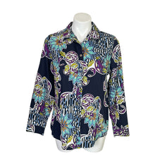 Load image into Gallery viewer, Chico&#39;s | Women&#39;s Blue and Purple Retro Floral Print No-Iron Button Down Top | Size: M
