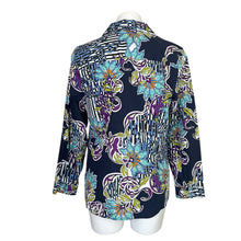 Load image into Gallery viewer, Chico&#39;s | Women&#39;s Blue and Purple Retro Floral Print No-Iron Button Down Top | Size: M
