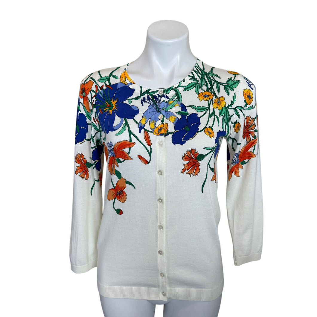 Talbot's | Women's White with Floral Print Button Down Cardigan Sweater | Size: S